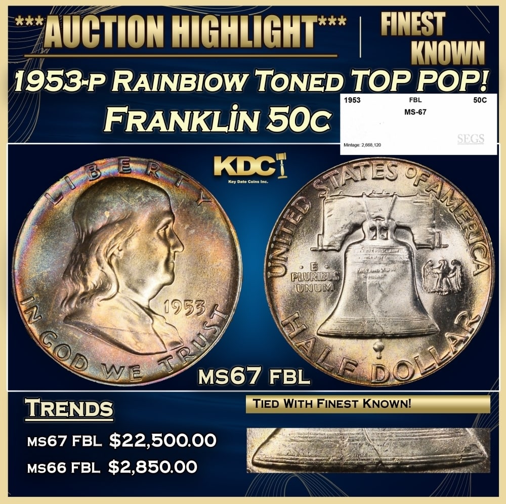 1953-p Franklin Half Dollar Rainbiow Toned TOP POP! 50c ms67 fbl SEGS: 1953-p Rainbiow Toned TOP POP! Franklin Half Dollar 50c ms67 fbl SEGS. 0