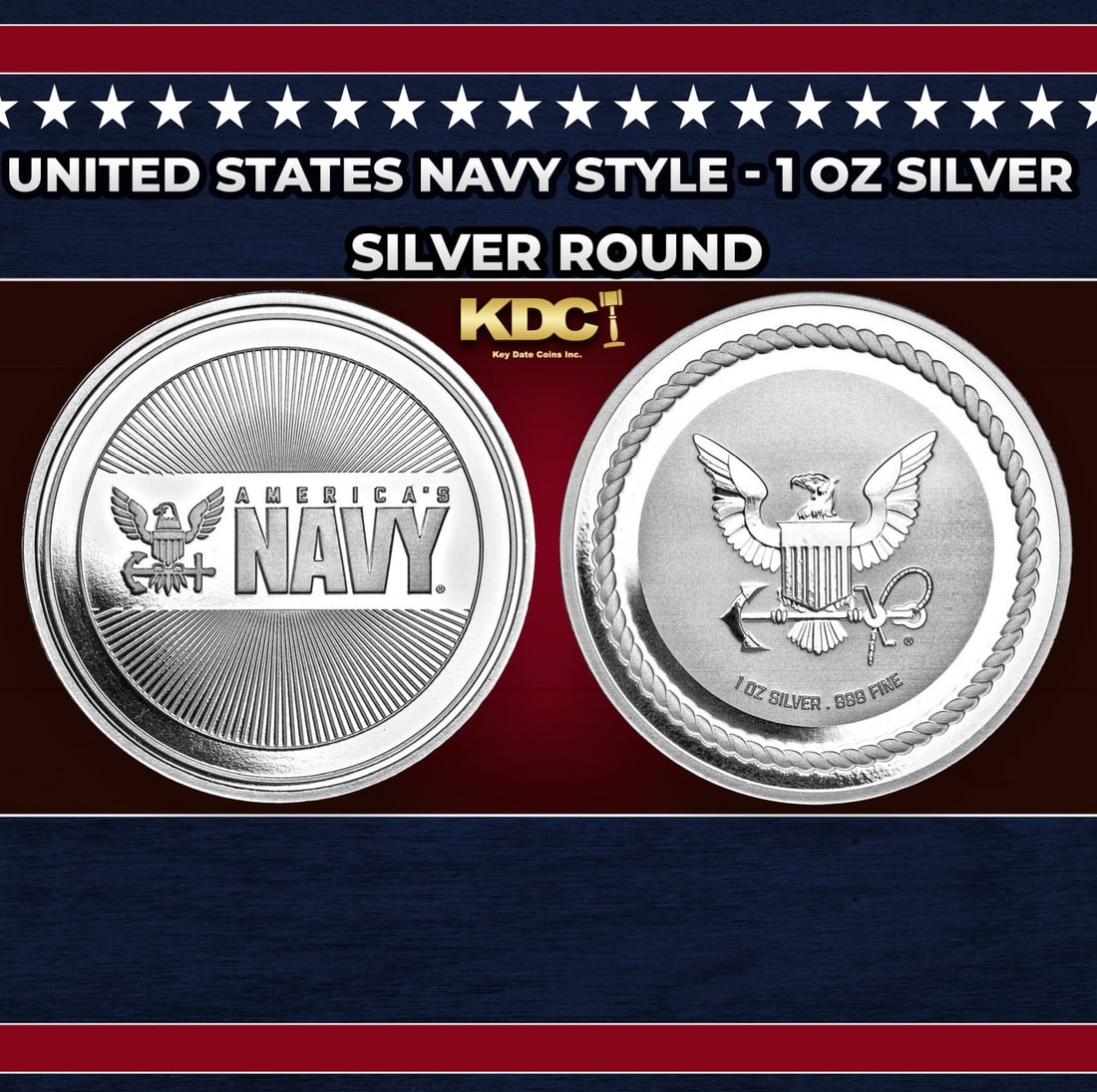 United States Navy Style - 1 oz Silver Round Round: United States Navy Style - 1 oz Silver Round. Honor the servicemen of the US Navy with this fine silver round, featuring the Navy figure of an eagle carrying an anchor on both sides and the text "Amer