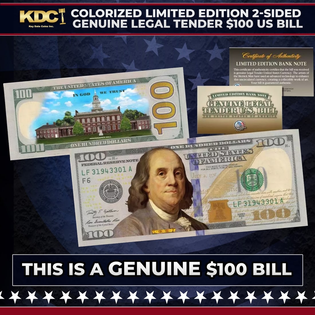 Colorized Limited Edition 2-Sided Genuine Legal Tender $100 US Bill Other Toy (1 of 1)