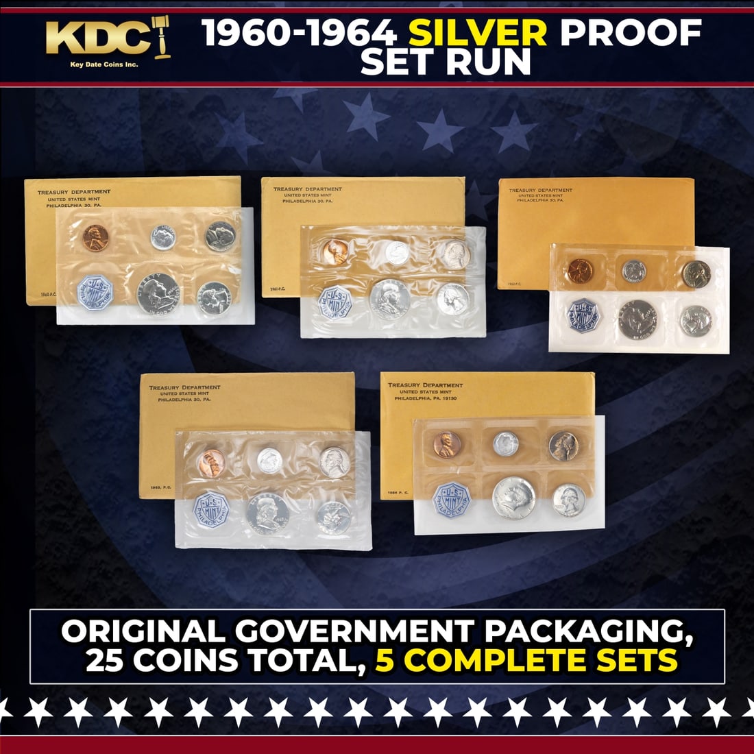 1960-1964 Silver Proof Set Run in Original Government Packaging, 25 Coins Total, 5 Complete Sets: 1960-1964 Silver Proof Set Run in Original Government Packaging, 25 Coins Total, 5 Complete Sets. 1960-1964 Proof Set Run in Original Government Packaging, 25 Coins Total, 5 Complete Sets. The "Post-W
