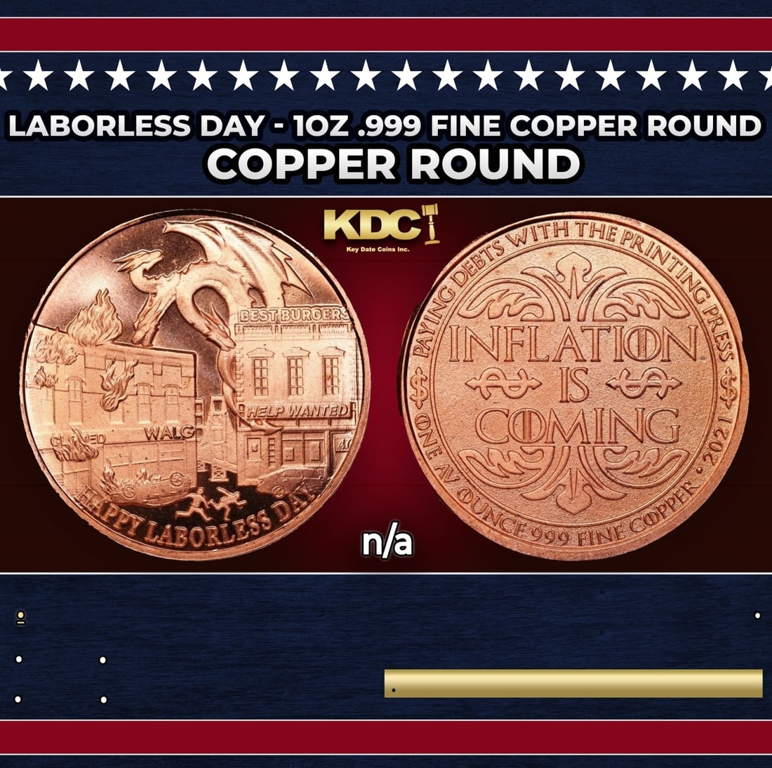Laborless Day - 1oz .999 Fine Copper Round: Laborless Day - 1oz .999 Fine Copper Round. Historic precious metal trends is causing increased spot pricing by the day. On auctions with set openings, we are doing our best to have items priced at th
