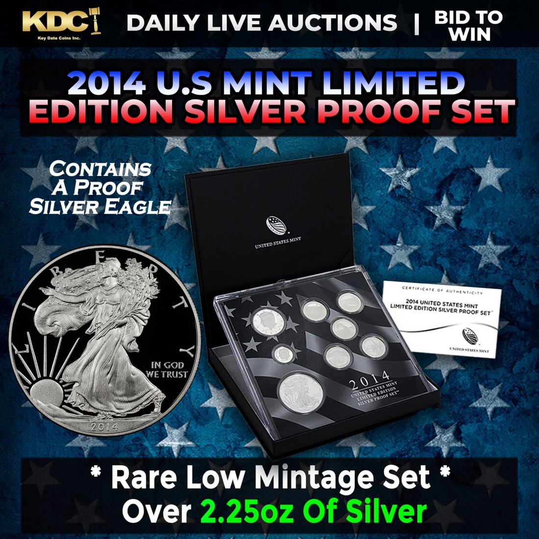 RARE 2014 United States Mint Limited Edition Silver Proof Set 8 coins, Over 2.25oz Of Silver low: RARE 2014 United States Mint Limited Edition Silver Proof Set 8 coins, Over 2.25oz Of Silver low mintage. Launched as part of an annual series by the United States Mint, the 2014 set is a continuation