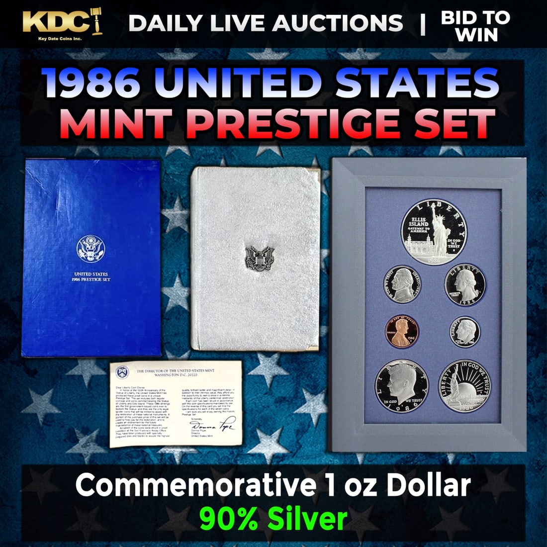 1986 United States Mint Prestige Proof Set 7 Coins W/ Box & COA: 1986 United States Mint Prestige Proof Set 7 Coins W/ Box & COA. Product DetailsThis wonderful seven-piece set includes all of the proof issue coins of 1986 as well as a commemorative Statue of Libert