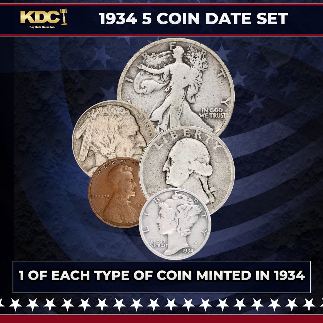 1934 5 Coin Date Set, 1 Of Each Type Of Coin Minted in 1934: 1934 5 Coin Date Set, 1 Of Each Type Of Coin Minted in 1934. Please Note All Backer Cards may have slight differences but will be very similar if not identical to the one in the photo