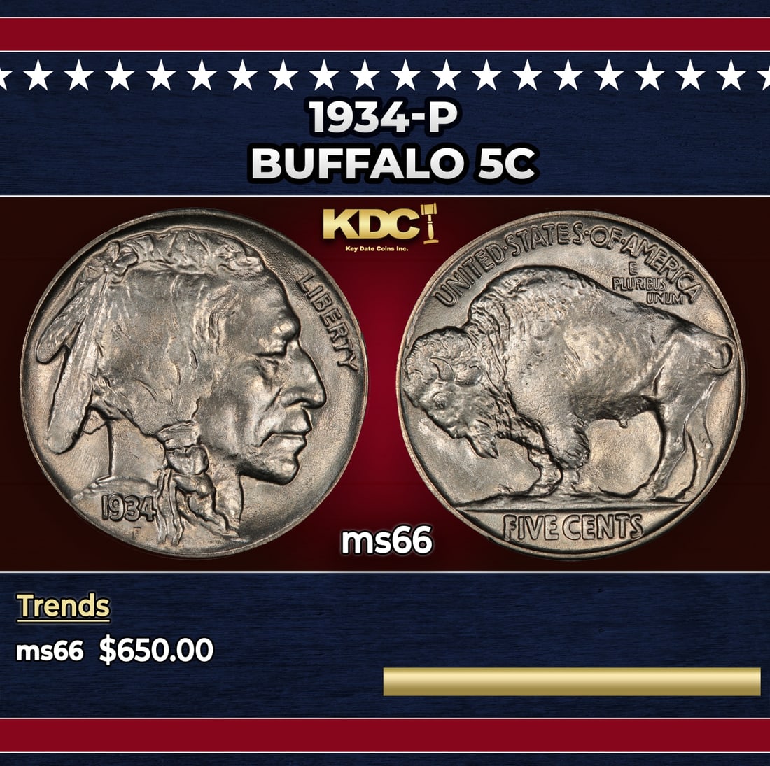 1934-p Buffalo Nickel 5c Grades ms66: 1934-p Buffalo Nickel 5c Grades ms66. Historic precious metal trends is causing increased spot pricing by the day. On auctions with set openings, we are doing our best to have items priced at their ma