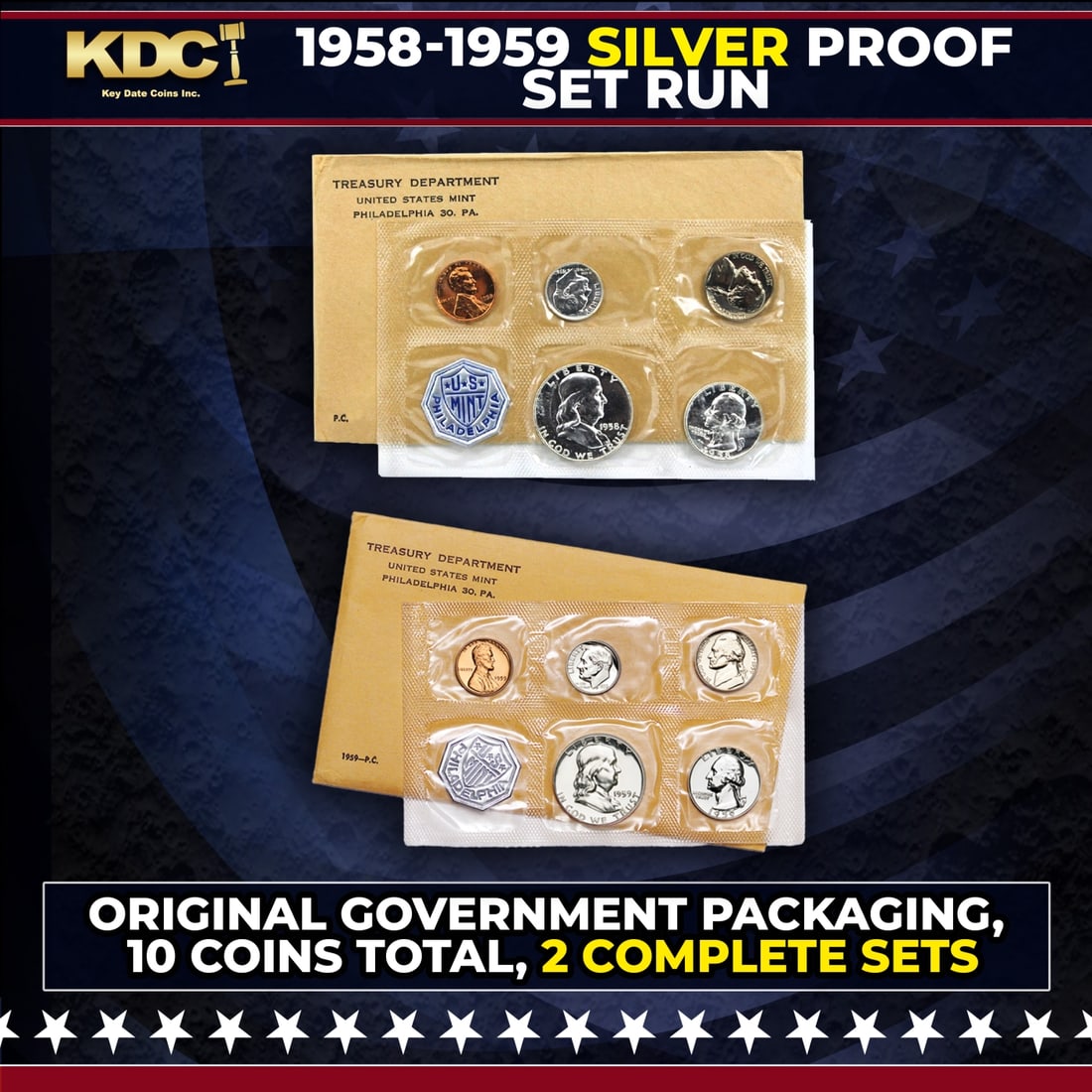 1958 & 1959 Silver Proof Sets 10 Coins In Original Government Packaging Manilla Envelope: 1958 & 1959 Silver Proof Sets 10 Coins In Original Government Packaging Manilla Envelope.