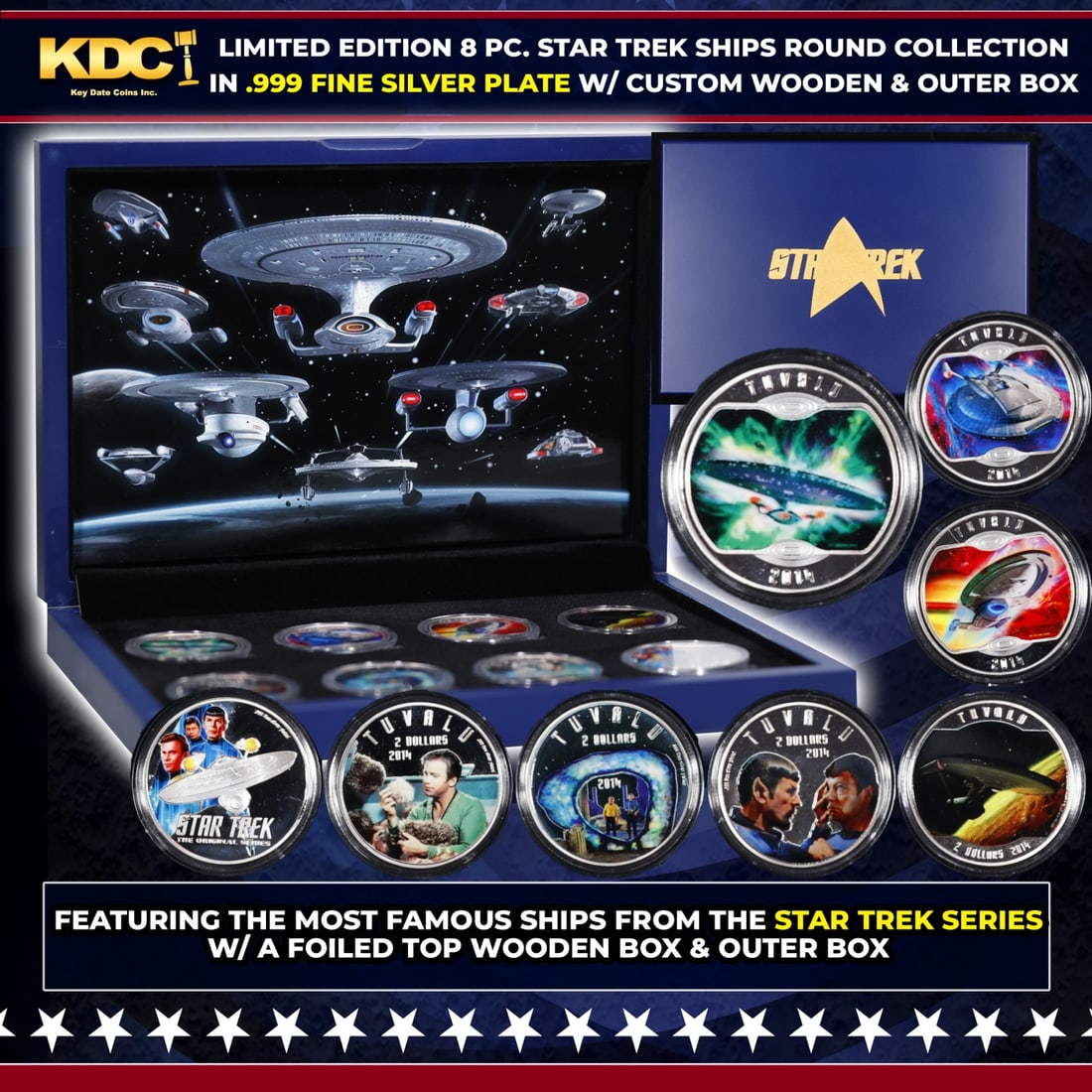 Limited Edition 8 Coin Star Trek Ships Silver Plated Collection In Custom WOODEN Box W/ Special: Limited Edition 8 Coin Star Trek Ships Silver Plated Collection In Custom WOODEN Box W/ Special Backer card. Please Note All Backer Cards may have slight differences but will be very similar if not id