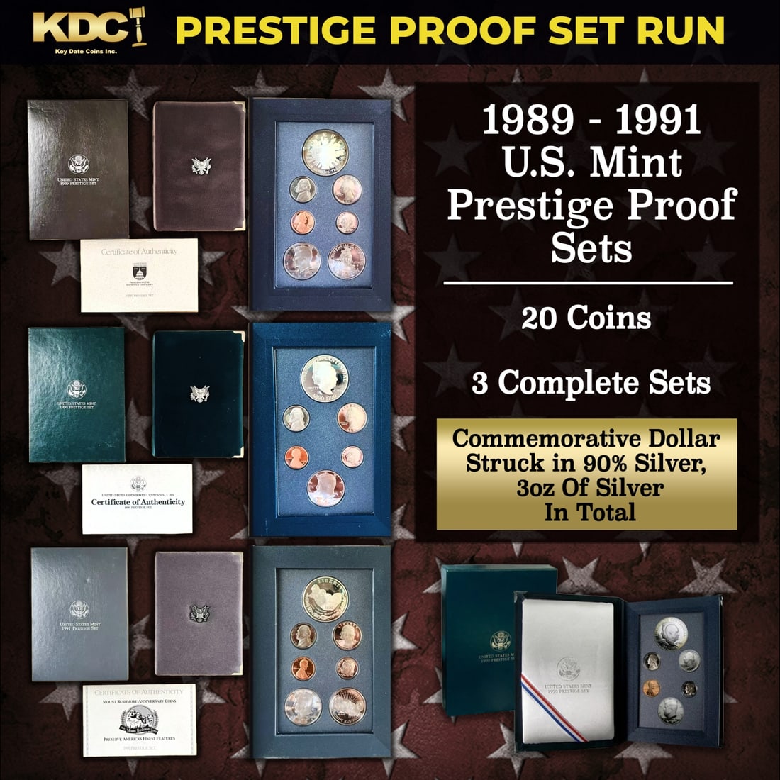 1989-1991 US Mint Prestige Proof Sets - 20 Coins, 3 Complete Sets: 1989-1991 US Mint Prestige Proof Sets - 20 Coins, 3 Complete Sets. 1989-1991 US Mint Prestige Proof Sets - 20 Coins, 3 Complete Sets. In 1983, the mint released a special mint set containing a commemo