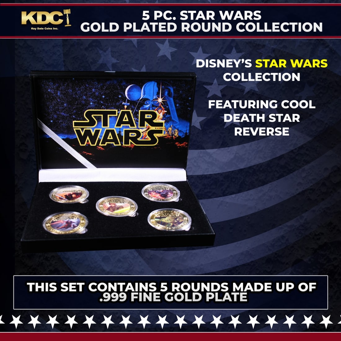 5 Coin Star Wars Gold Plated Round Collection: 5 Coin Star Wars Gold Plated Round Collection. Please Note All Backer Cards may have slight differences but will be very similar if not identical to the one in the photo