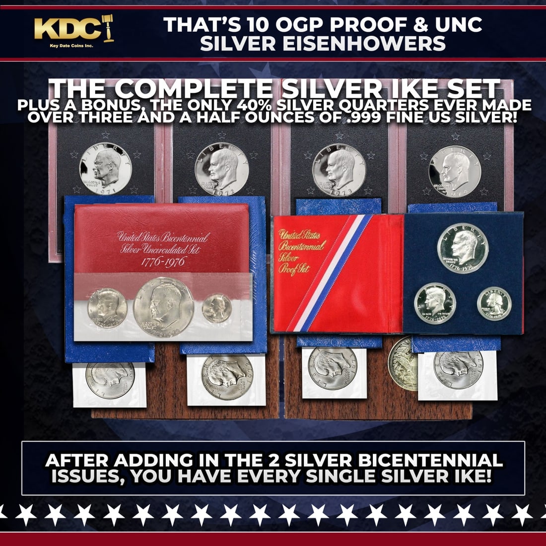 1971-1976 THE COMPLETE SILVER IKE SET Over 3.5 oz Of Pure Silver 14 Coins, 10 Sets: 1971-1976 THE COMPLETE SILVER IKE SET Over 3.5 oz Of Pure Silver 14 Coins, 10 Sets. THE COMPLETE SILVER IKE SET That?s 10 OGP Proof & Unc Silver Eisenhowers Plus a Bonus, the only 40% Silver Quarters 