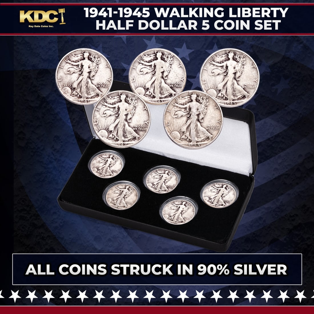 1941-1945 Walking Liberty Half Dollar 50c 5 Coin Set: 1941-1945 Walking Liberty Half Dollar 50c 5 Coin Set. Mark each heroic year of U.S. involvement in World War II with a 5-coin 1941-1945 consecutive year set of Liberty Walking half dollars! Boasting a