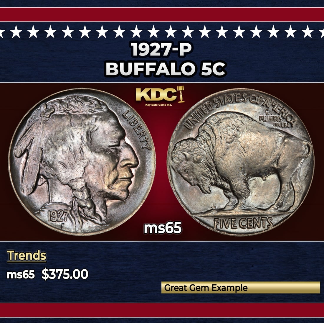 1927-p Buffalo Nickel 5c Grades ms65: 1927-p Buffalo Nickel 5c Grades ms65. Historic precious metal trends is causing increased spot pricing by the day. On auctions with set openings, we are doing our best to have items priced at their ma