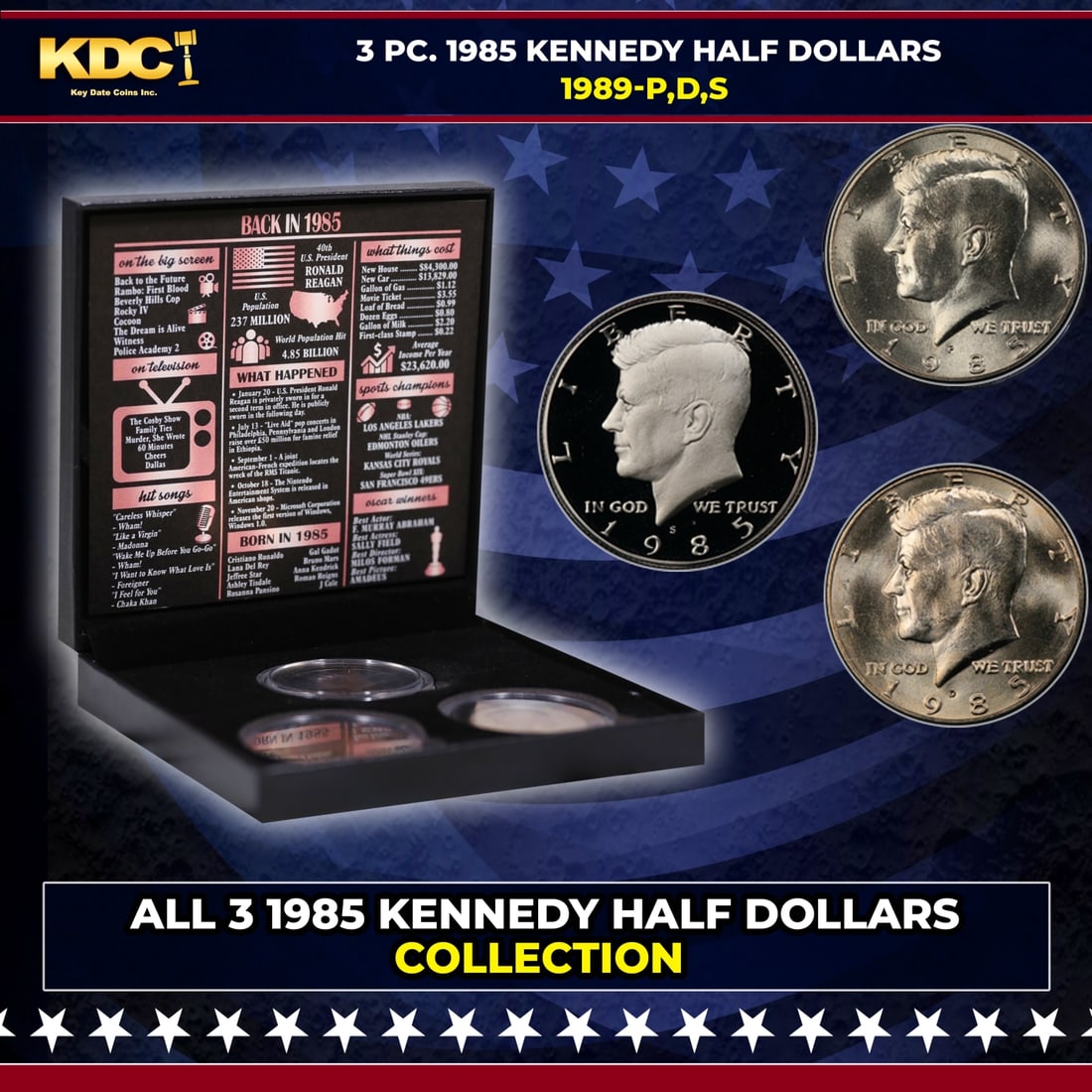 Complete 3 PC. 1985 Kennedy Half Dollar 50c set In Custom Box W/ Special Backer Card BU & Proof: Complete 3 PC. 1985 Kennedy Half Dollar 50c set In Custom Box W/ Special Backer Card BU & Proof COOL!. Please Note All Backer Cards may have slight differences but will be very similar if not identica