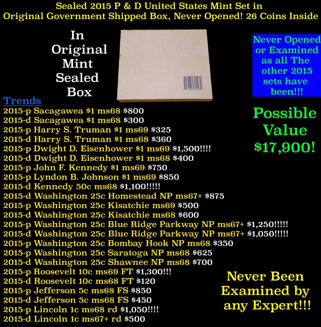 Sealed 2015 United States Mint Set in Original Government Shipped Box, Never Opened! 28 Coins: Sealed 2015 United States Mint Set in Original Government Shipped Box, Never Opened! 28 Coins Inside!. the 2015 set includes two folders, with 14 coins each, from the United States Mint facilities in 