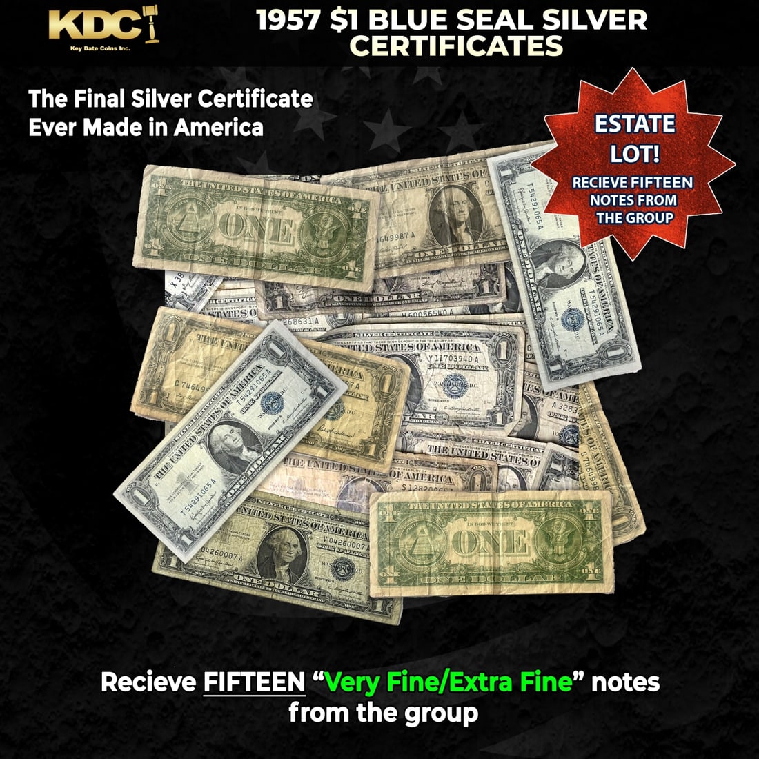 15x 1957 $1 Blue Seal Silver Certificates Grades VF/XF: 15x 1957 $1 Blue Seal Silver Certificates Grades VF/XF. Silver Certificates were redeemable in Silver. One of their most distinctive qualities is the blue Treasury seal and serial numbers. These notes
