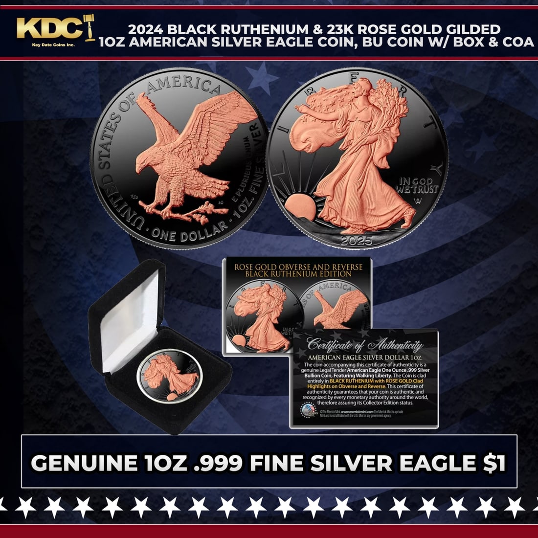 2024 Black Ruthenium & 23K Rose Gold Gilded 1oz American Silver Eagle Coin, BU Coin w/ Box & COA: 2024 Black Ruthenium & 23K Rose Gold Gilded 1oz American Silver Eagle Coin, BU Coin w/ Box & COA. Seize this opportunity to acquire the BLACK RUTHENIUM EDITION 2025 American Silver Eagle Dollar U.S. C