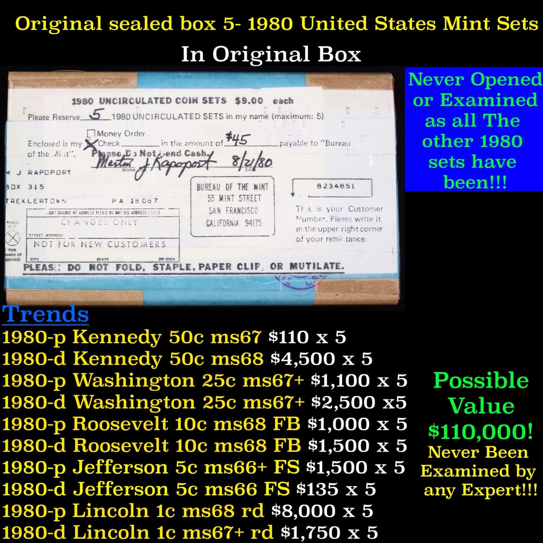 Original sealed box 5- 1980 United States Mint Sets: Original sealed box 5- 1980 United States Mint Sets. Historic precious metal trends is causing increased spot pricing by the day. On auctions with set openings, we are doing our best to have items pri
