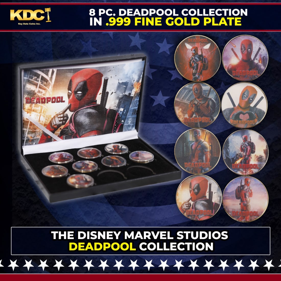 8 Coin Marvel Disney Deadpool Gold Plated Round Collection x-men: 8 Coin Marvel Disney Deadpool Gold Plated Round Collection x-men. Please Note All Backer Cards may have slight differences but will be very similar if not identical to the one in the photo