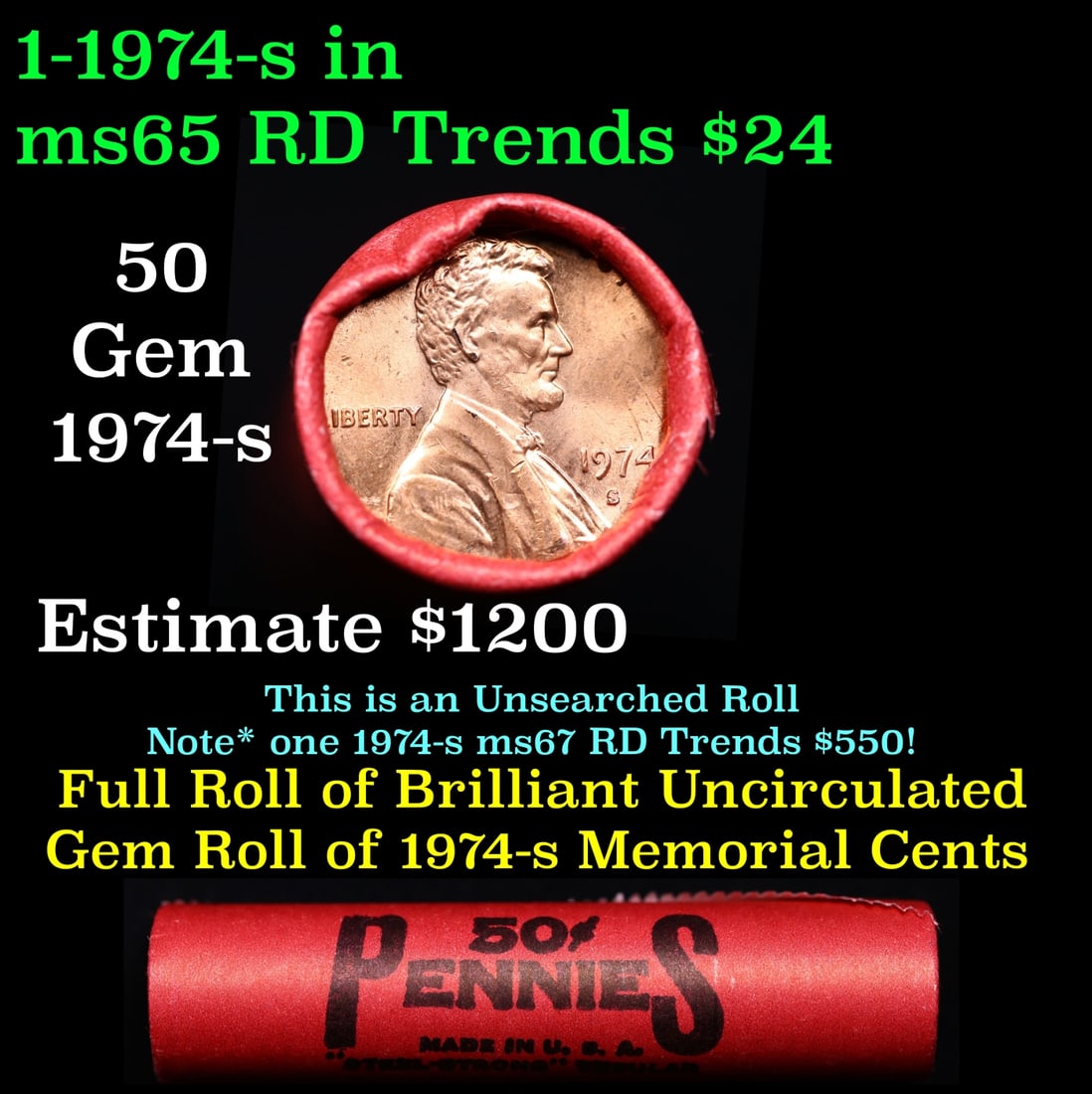 BU Shotgun Lincoln 1c roll, 1974-s 50 pcs Bank Wrapper 50c: BU Shotgun Lincoln 1c roll, 1974-s 50 pcs Bank Wrapper 50c. A terrific Shotgun roll of Lincoln cents in a Bank wrapper. Most if not all coins should be cherry red.Historic precious metal trends is cau