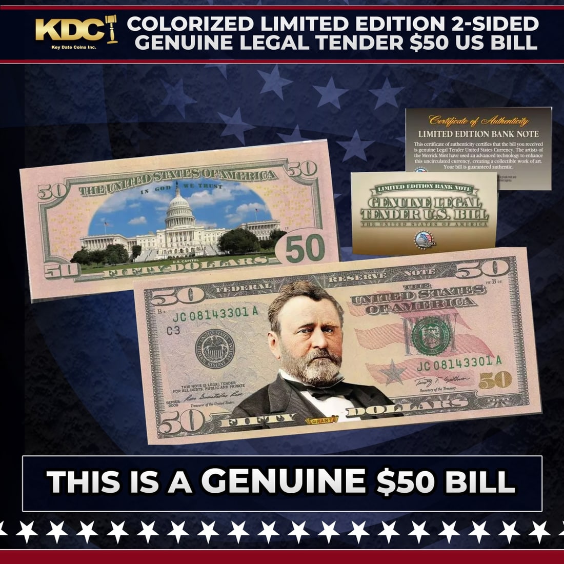 Colorized Limited Edition 2-Sided Genuine Legal Tender $50 US Bill Other Toy: Colorized Limited Edition 2-Sided Genuine Legal Tender $50 US Bill. Amazingly, artists developed innovative technology to increase the collectibility of these uncirculated notes. When applied to Grant