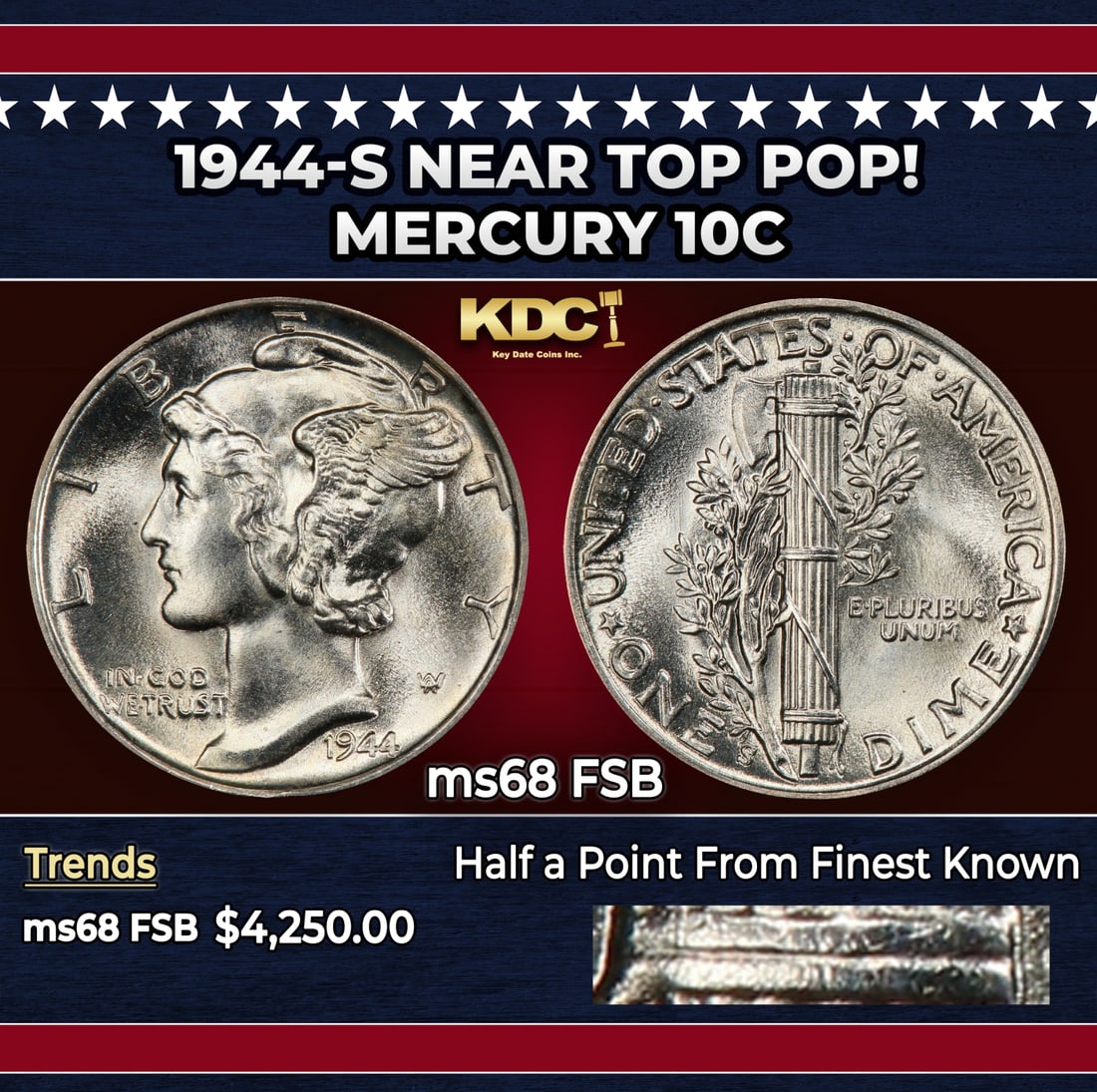 1944-s Mercury Dime Near Top Pop! 10c ms68 FSB SEGS: 1944-s Near Top Pop! Mercury Dime 10c ms68 FSB SEGS. Historic precious metal trends is causing increased spot pricing by the day. On auctions with set openings, we are doing our best to have items pri