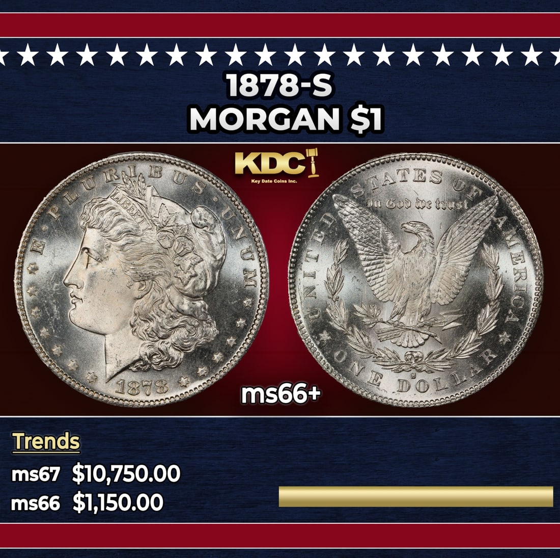 1878-s Morgan Dollar $1 ms66+ SEGS: 1878-s Morgan Dollar $1 ms66+ SEGS. Slightly better date. First year of issue.