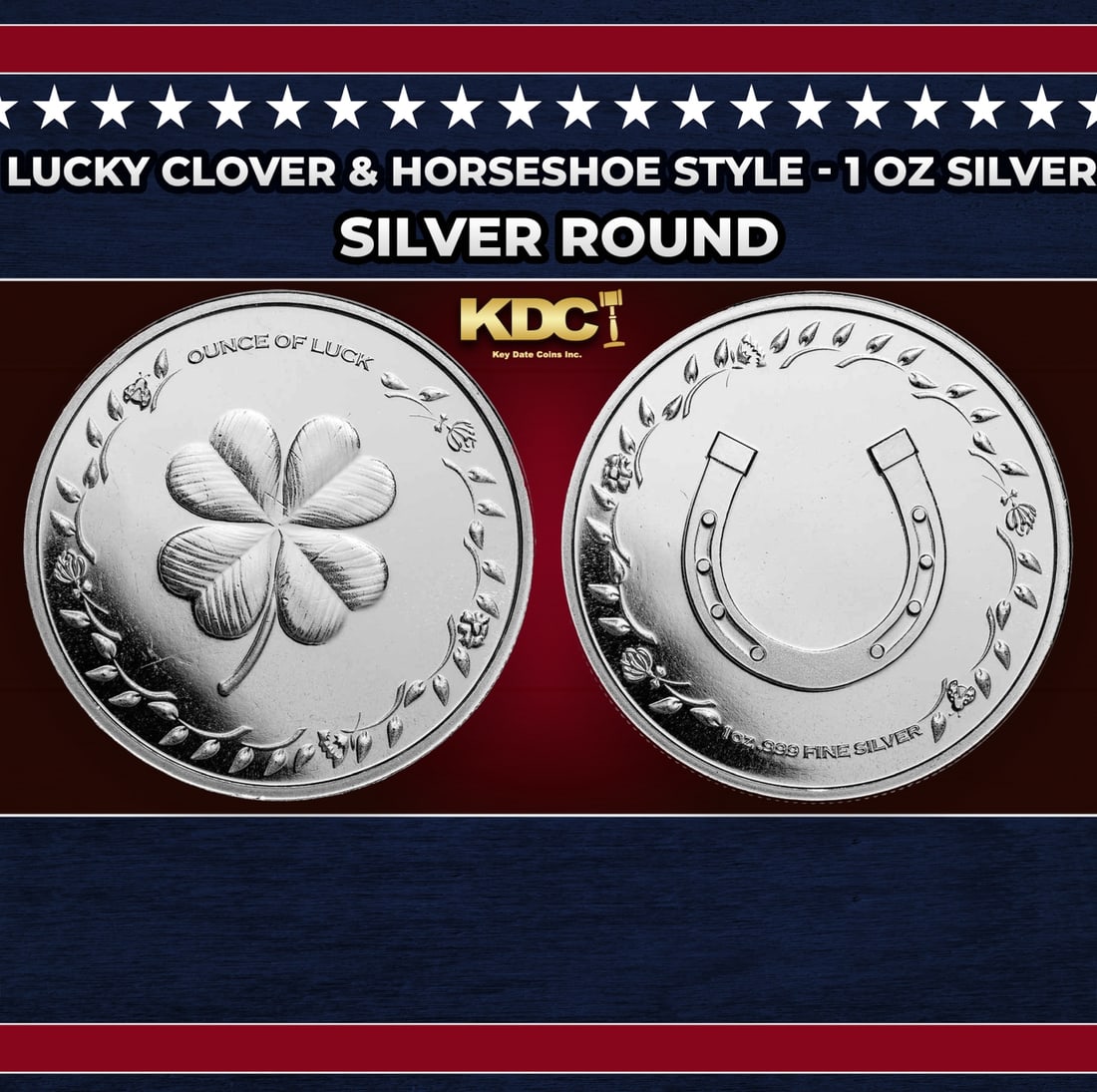Lucky Clover & Horseshoe Style - 1 oz Silver Round Round: Lucky Clover & Horseshoe Style - 1 oz Silver Round. This lucky silver round features a four-leaf clover on the obverse along with the text "Ounce Of Luck", and a horseshoe on the reverse. Contains 1oz