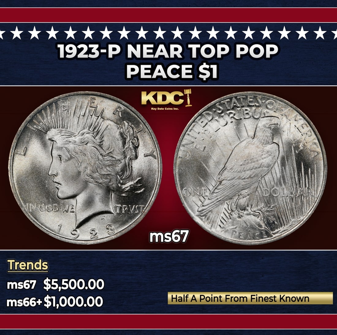 1923-p Peace Dollar Near Top Pop $1 ms67 SEGS: 1923-p Near Top Pop Peace Dollar $1 ms67 SEGS. Historic precious metal trends is causing increased spot pricing by the day. On auctions with set openings, we are doing our best to have items priced at