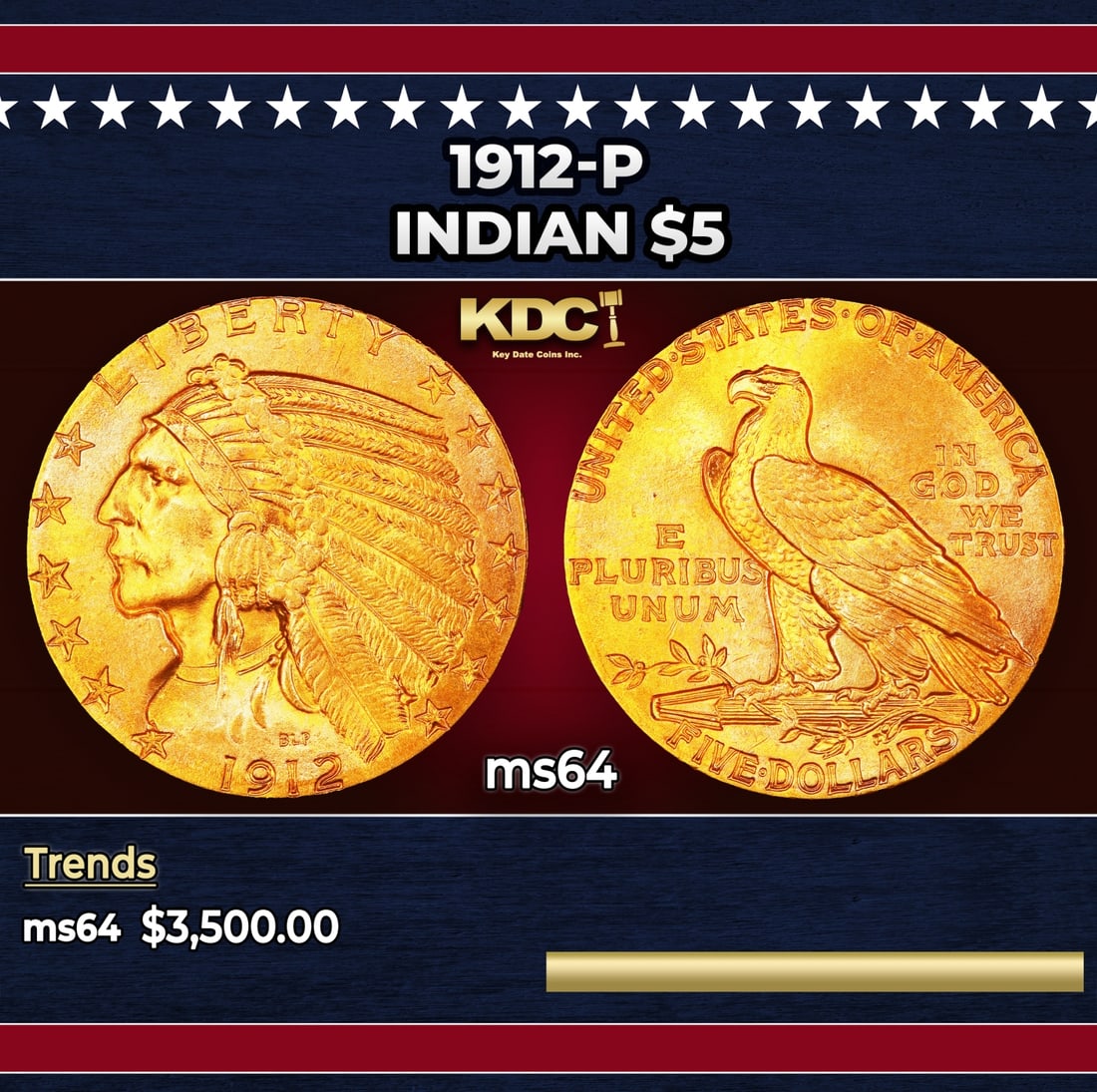 1912-p Gold Indian Half Eagle $5 ms64 USCG: 1912-p Gold Indian Half Eagle $5 ms64 USCG. Historic precious metal trends is causing increased spot pricing by the day. On auctions with set openings, we are doing our best to have items priced at th