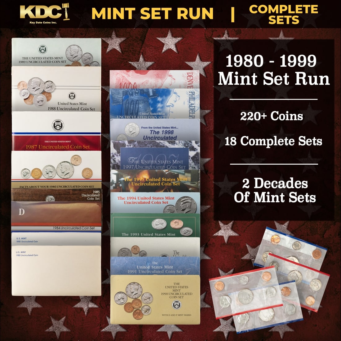 1980-1999 2 Decades Mint Set Run - 224 Coins, 18 Complete Sets: 1980-1999 2 Decades Mint Set Run - 224 Coins, 18 Complete Sets. 1980-1999 2 Decades Mint Set Run - 224 Coins, 18 Complete Sets. The 1996 Mint Set contains the only Uncirculated "W" Roosevelt dime issu