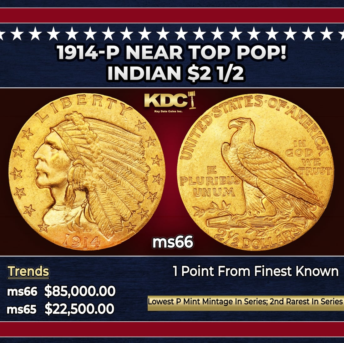 1914-p Gold Indian Quarter Eagle Near Top Pop! $2 1/2 ms66 USCG: 1914-p Near Top Pop! Gold Indian Quarter Eagle $2 1/2 ms66 USCG. The 1914 Indian quarter eagle boasts the lowest mintage of any Philadelphia issue of the series, at a mere 240,000 pieces. The 1914 is 