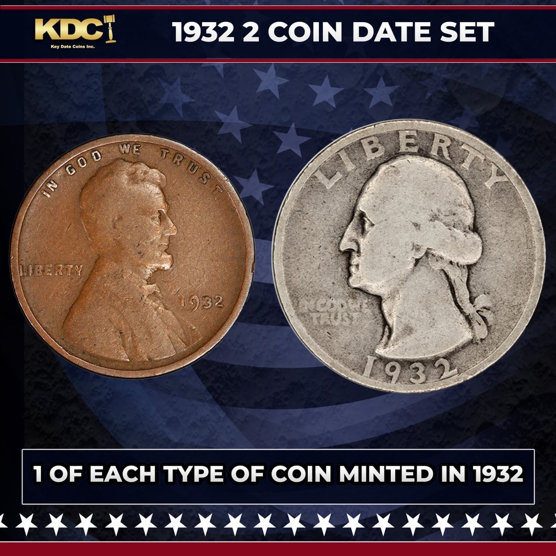 1932 5 Coin Date Set, 1 Of Each Type Of Coin Minted in 1932: 1932 5 Coin Date Set, 1 Of Each Type Of Coin Minted in 1932. Please Note All Backer Cards may have slight differences but will be very similar if not identical to the one in the photo
