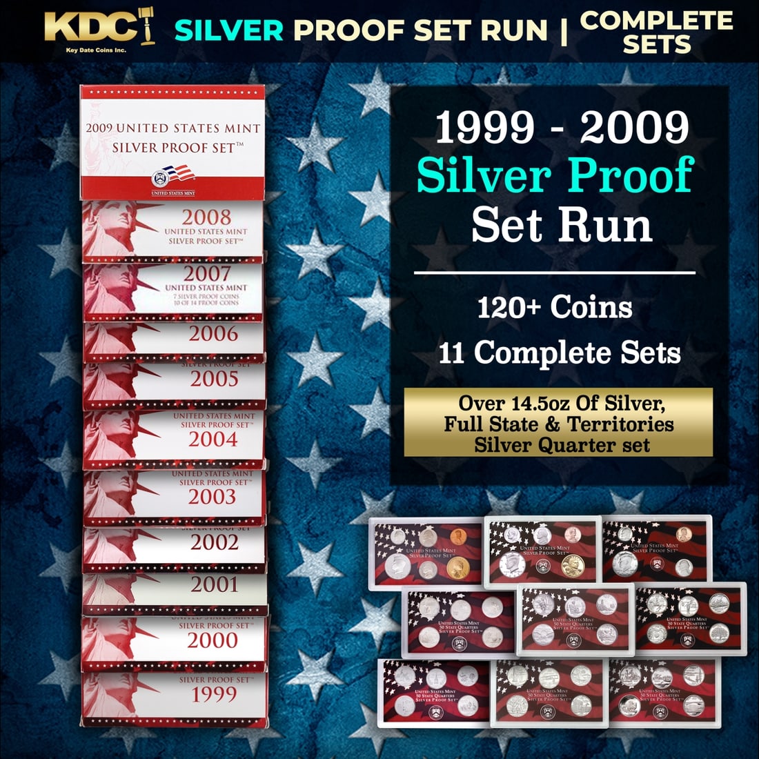 1999-2009 US Mint SILVER Proof Sets 127 Coins, 11 Complete Sets Over 14.5oz Of Silver Full State 25c: 1999-2009 US Mint SILVER Proof Sets 127 Coins, 11 Complete Sets Over 14.5oz Of Silver Full State 25c Set. 1999-2009 Red Box US Mint Silver Proof Sets - 127 Coins Total, 11 Complete Sets. This set enco