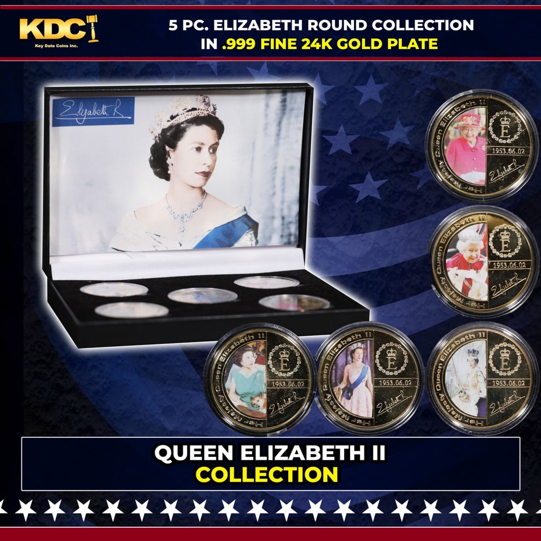 5 Coin Queen Elizabeth II Gold Plated Round Collection A: 5 Coin Queen Elizabeth II Gold Plated Round Collection A. 5 Pc. Queen Elizabeth II Gold Plated Round Collection. This set contains 5 rounds made up of .999 Fine Gold Plate from The Queen Elizabeth II 