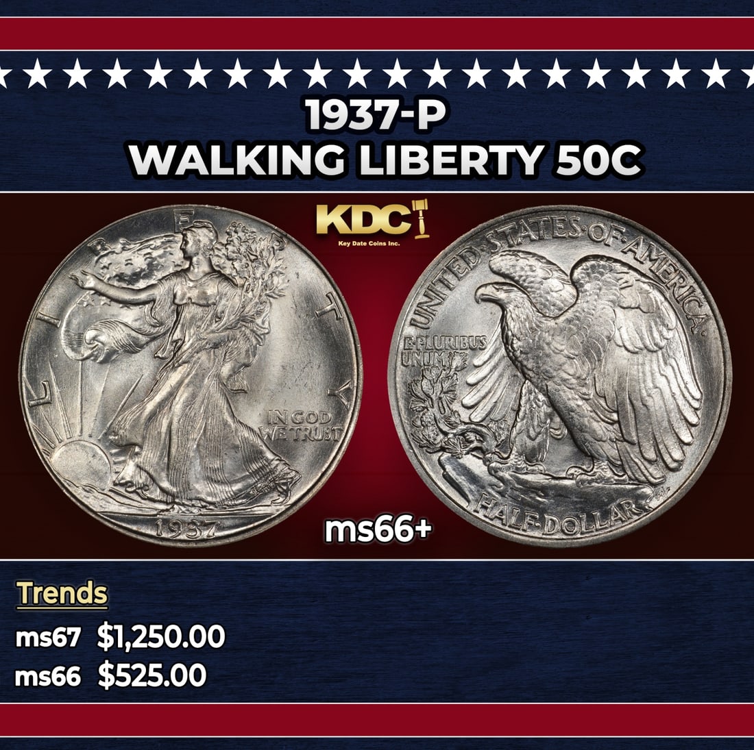 1937-p Walking Liberty Half Dollar 50c ms66+ SEGS: 1937-p Walking Liberty Half Dollar 50c ms66+ SEGS. Historic precious metal trends is causing increased spot pricing by the day. On auctions with set openings, we are doing our best to have items price
