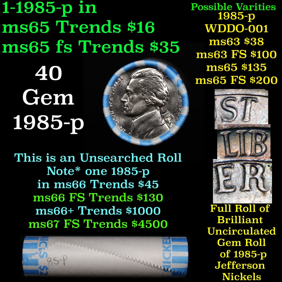 BU Shotgun Jefferson 5c roll, 1985-p 40 pcs Bank $2 Nickel Wrapper: BU Shotgun Jefferson 5c roll, 1985-p 40 pcs Bank $2 Nickel Wrapper. Historic precious metal trends is causing increased spot pricing by the day. On auctions with set openings, we are doing our best to