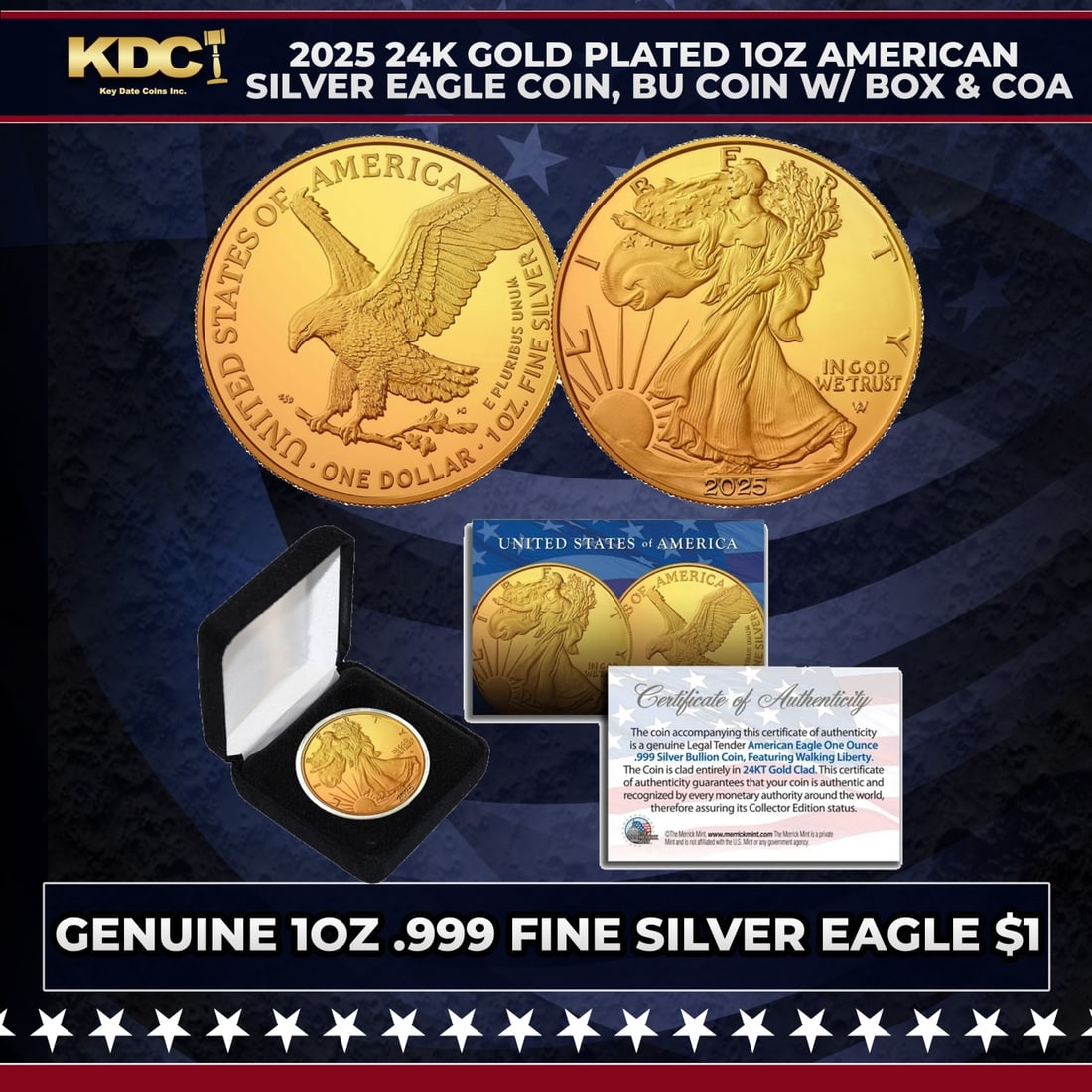 2025 24K Gold Plated 1oz American Silver Eagle Coin, BU Coin w/ Box & COA Other Toy: 2025 24K Gold Plated 1oz American Silver Eagle Coin, BU Coin w/ Box & COA. Seize this opportunity to acquire this 2025 American Silver Eagle Dollar U.S. Coin. To enhance the original design and bring 