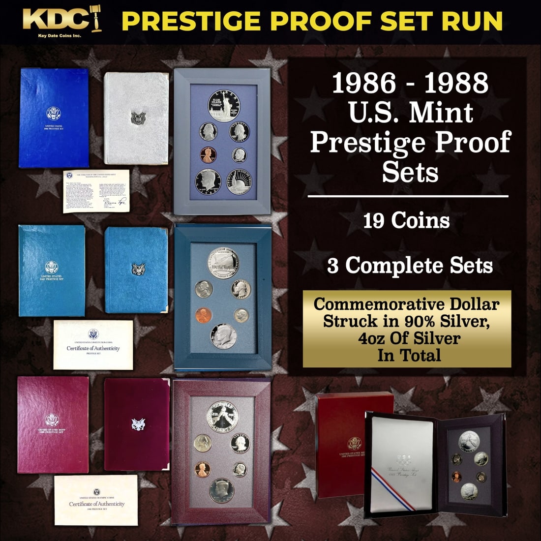 1986-1988 US Mint Prestige Proof Sets - 19 Coins, 3 Complete Sets: 1986-1988 US Mint Prestige Proof Sets - 19 Coins, 3 Complete Sets. 1986-1988 US Mint Prestige Proof Sets - 19 Coins, 3 Complete Sets. In 1983, the mint released a special mint set containing a commemo
