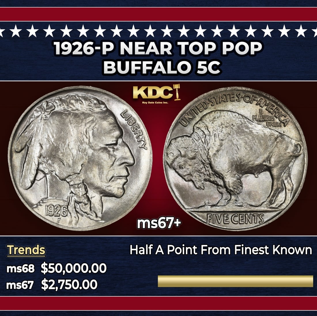 1926-p Buffalo Nickel Near Top Pop 5c ms67+ SEGS: 1926-p Near Top Pop Buffalo Nickel 5c ms67+ SEGS. Historic precious metal trends is causing increased spot pricing by the day. On auctions with set openings, we are doing our best to have items priced