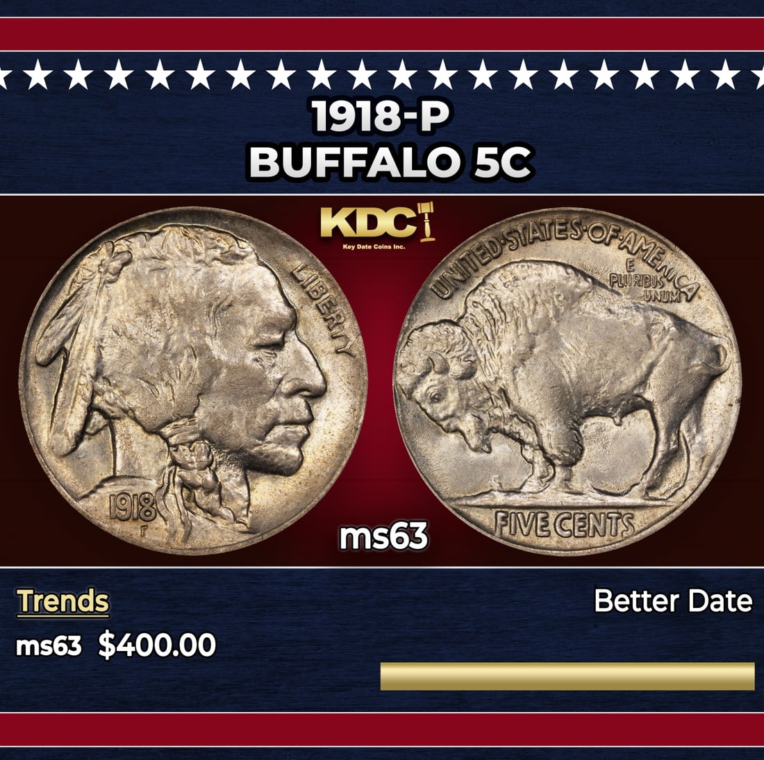 1918-p Buffalo Nickel 5c Grades ms63: 1918-p Buffalo Nickel 5c Grades ms63. Historic precious metal trends is causing increased spot pricing by the day. On auctions with set openings, we are doing our best to have items priced at their ma