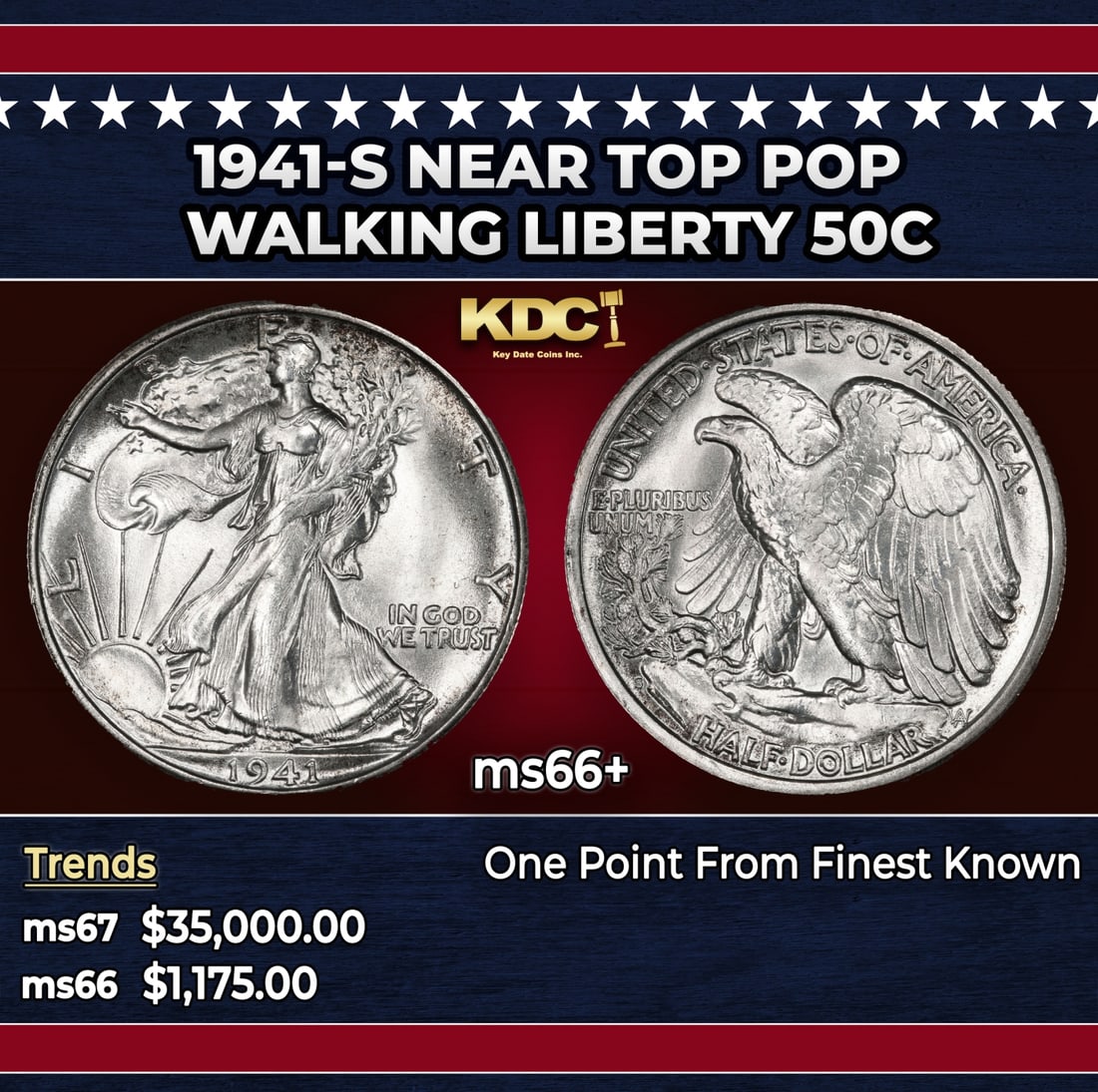 1941-s Walking Liberty Half Dollar Near Top Pop 50c ms66+ SEGS: 1941-s Near Top Pop Walking Liberty Half Dollar 50c ms66+ SEGS. Historic precious metal trends is causing increased spot pricing by the day. On auctions with set openings, we are doing our best to hav