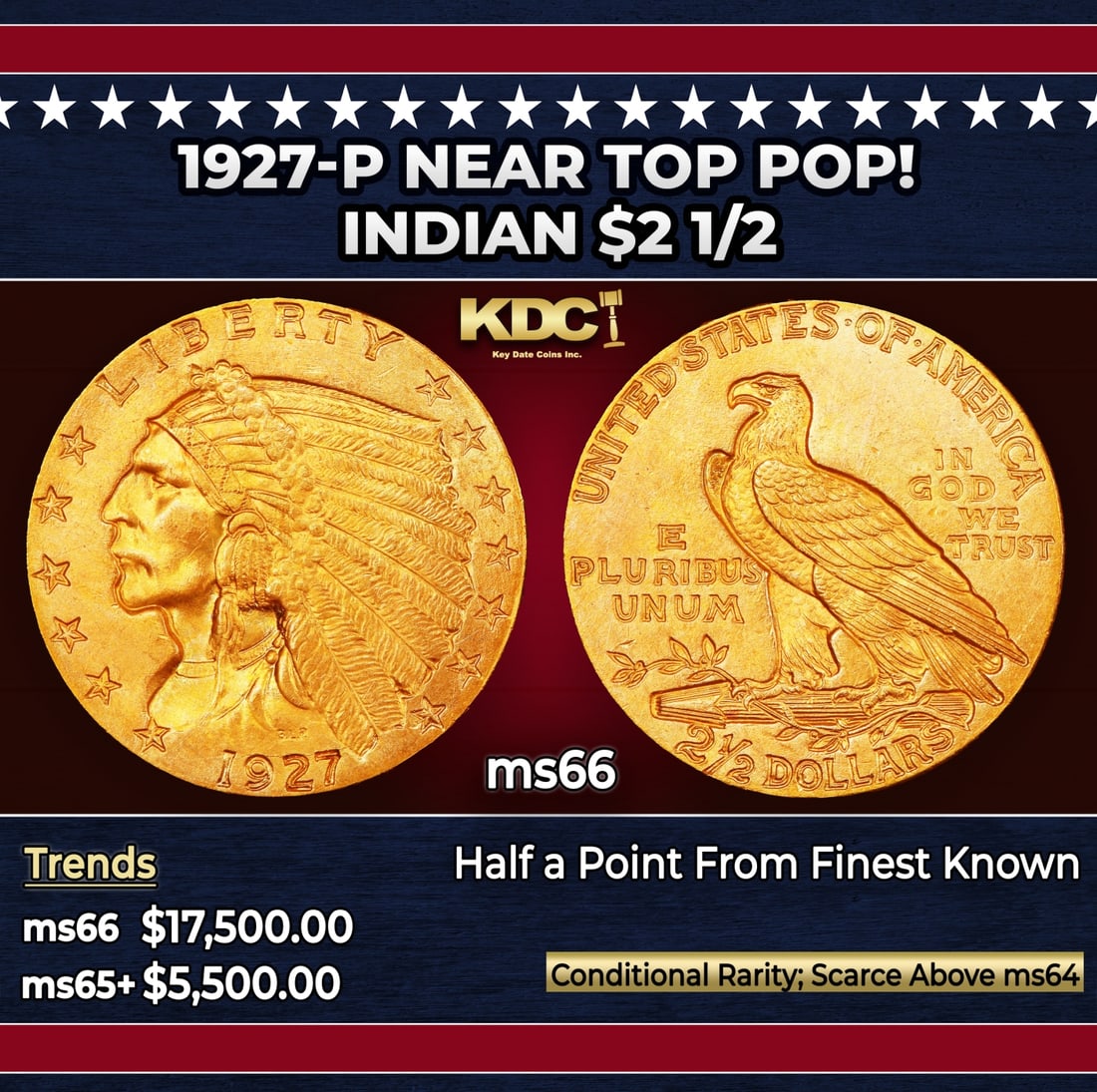 1927-p Gold Indian Quarter Eagle Near Top Pop! $2 1/2 ms66 USCG: 1927-p Near Top Pop! Gold Indian Quarter Eagle $2 1/2 ms66 USCG. Per David Akers of PCGS "The 1927 is similar in overall rarity to the 1926 and can be obtained without much difficulty in MS-65 or lowe