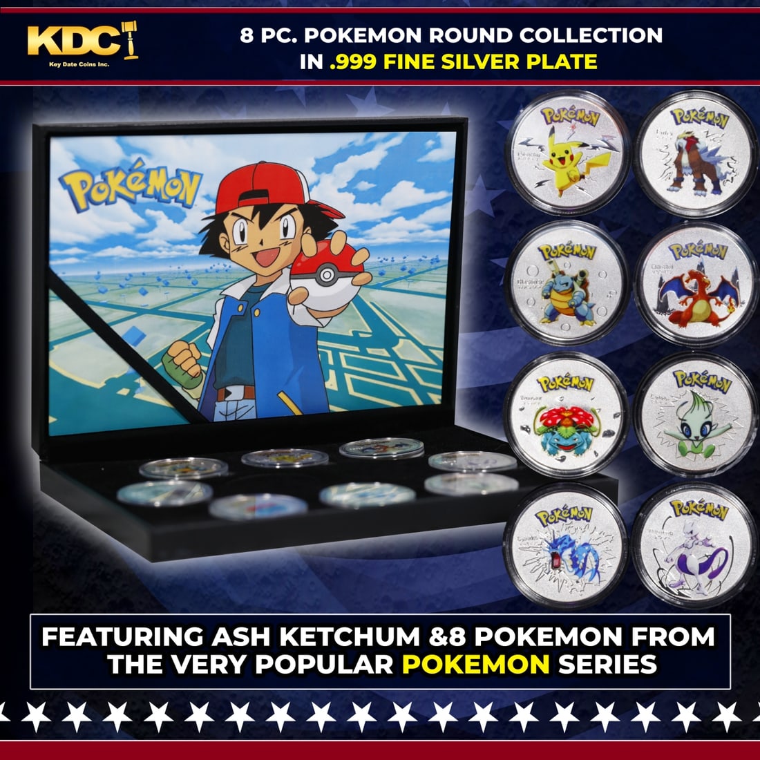 8 Coin Pokemon Silver Plated and Foiled Round Collection In Custom Box W/ Special Backer card (1 of 8)