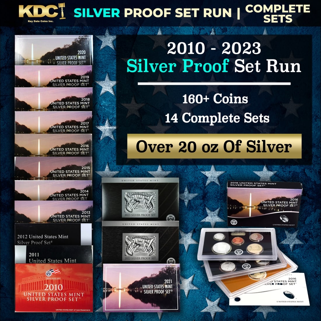 2010-2023 US Mint Silver Proof Sets, 168 Coins Total, 14 Complete Sets Over 20oz Of Silver: 2010-2023 US Mint Silver Proof Sets, 168 Coins Total, 14 Complete Sets Over 20oz Of Silver. 2009-2023 US Mint Silver Proof Sets, 184 Coins Total, 15 Complete Sets. The 2009 Silver Proof Set contained 