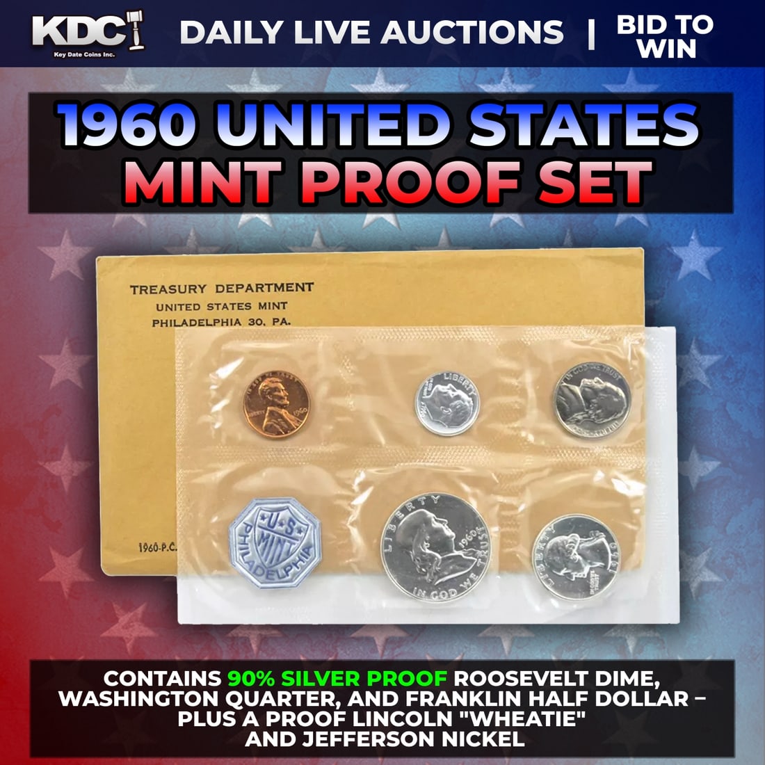1960 United States Mint Silver Proof Set In Original Goventment Packaging, 5 Coins - Manilla: 1960 United States Mint Silver Proof Set In Original Goventment Packaging, 5 Coins - Manilla Envelope. 1960 Small Date United States Mint Proof Set with 5 coins. "Post-War" proof sets from 1950 to 196
