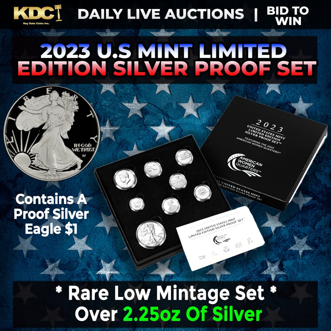 RARE 2023 United States Mint Limited Edition Silver Proof Set 8 coins, Over 2.25oz Of Silver low: RARE 2023 United States Mint Limited Edition Silver Proof Set 8 coins, Over 2.25oz Of Silver low mintage. 2023-s US Mint Limited Edition Silver Proof Set with 8 Coins. Contains 2.34 oz of Silver. Set 