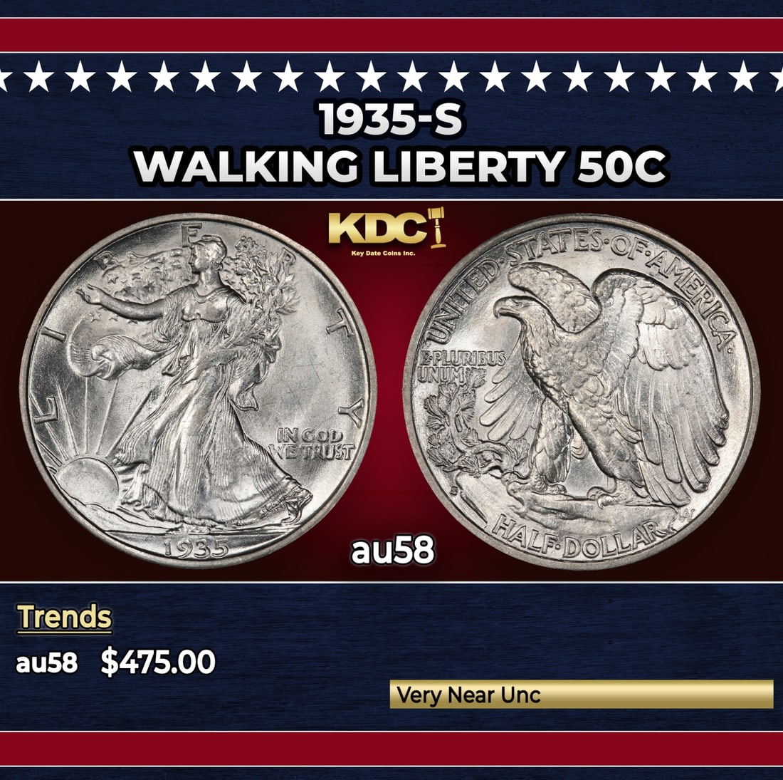 1935-s Walking Liberty Half Dollar 50c Grades au58: 1935-s Walking Liberty Half Dollar 50c Grades au58. Historic precious metal trends is causing increased spot pricing by the day. On auctions with set openings, we are doing our best to have items pric