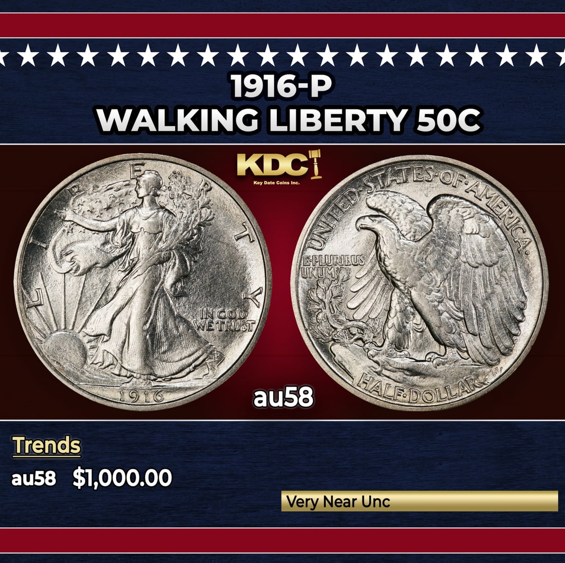 1916-p Walking Liberty Half Dollar 50c au58 SEGS: 1916-p Walking Liberty Half Dollar 50c au58 SEGS. Historic precious metal trends is causing increased spot pricing by the day. On auctions with set openings, we are doing our best to have items priced