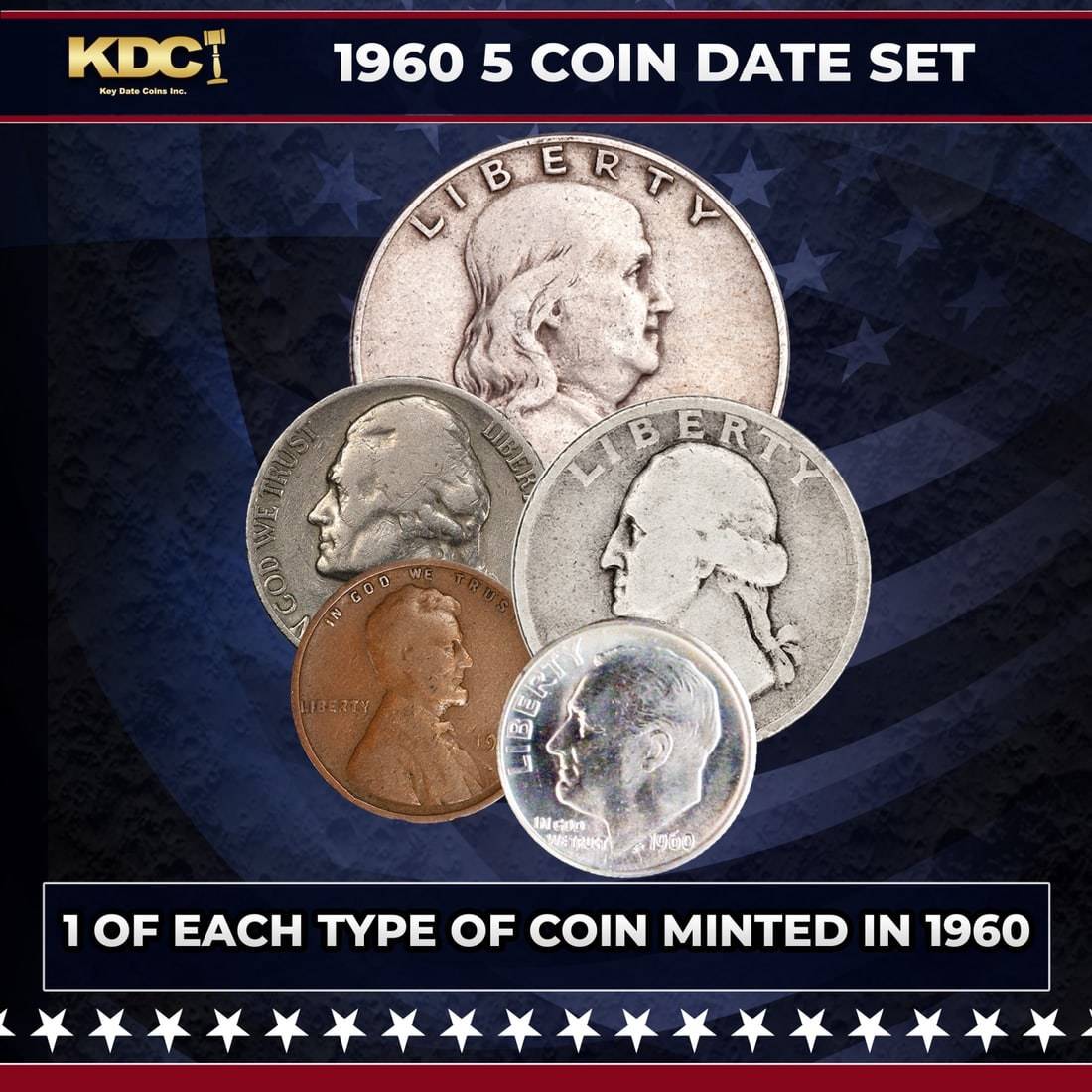 1960 5 Coin Date Set, 1 Of Each Type Of Coin Minted in 1960: 1960 5 Coin Date Set, 1 Of Each Type Of Coin Minted in 1960. Please Note All Backer Cards may have slight differences but will be very similar if not identical to the one in the photo