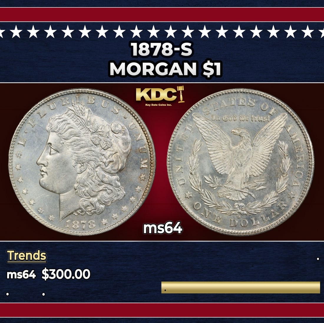 1878-s Morgan Dollar $1 Grades ms64: 1878-s Morgan Dollar $1 Grades ms64. Slightly better date. First year of issue.